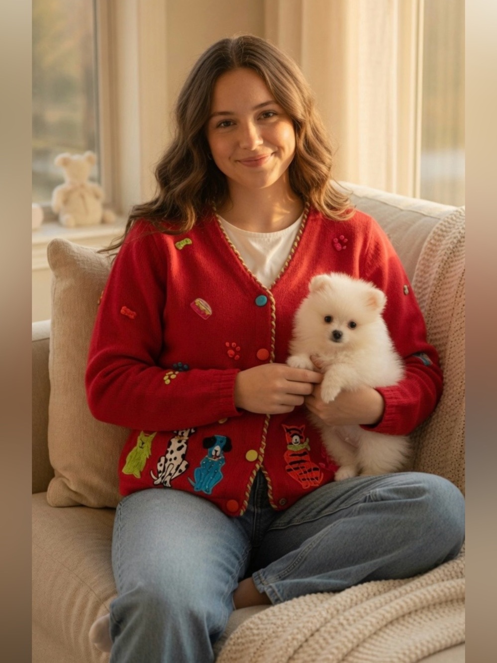 The Quacker Factory DOGS DOGS DOGS cardigan sweater Embroidery Red small VTG 90s